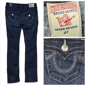 True Religion Women's Billie Straight Jean with Flap Mid-Rise Dark Blue Denim 27